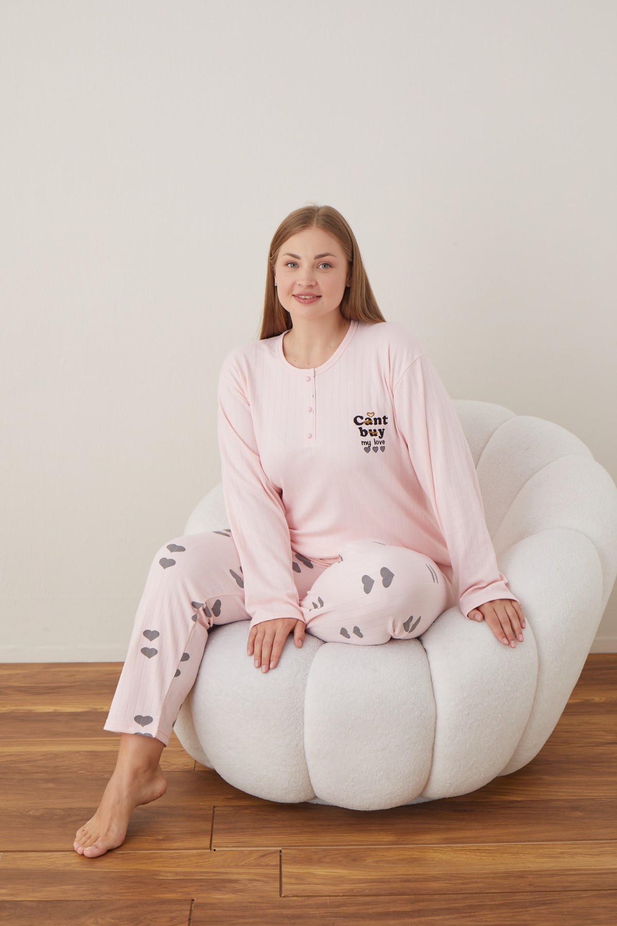 Kadın Raporlu İnterlok Kumaş Büyük Beden Düğmeli Pijama Takımı PEMBE-3XL