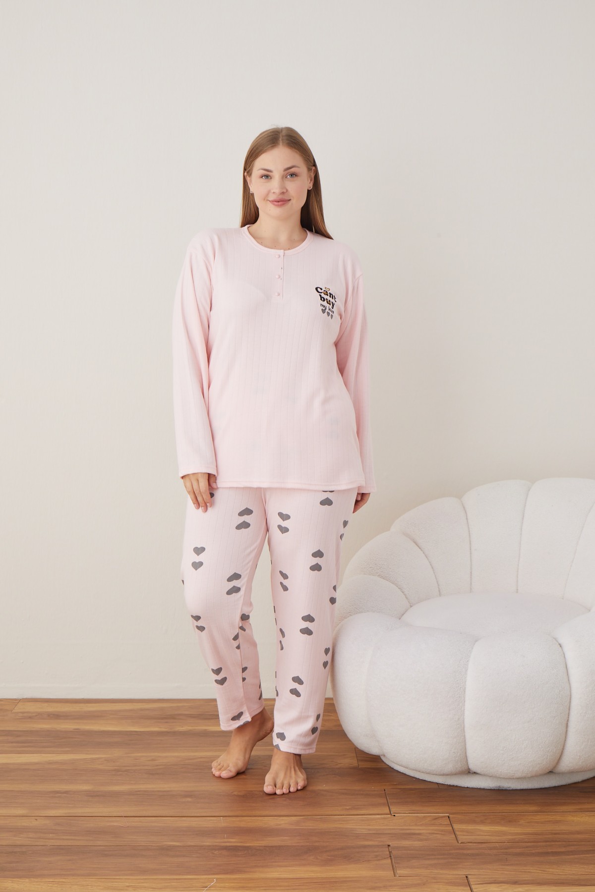 Kadın Raporlu İnterlok Kumaş Büyük Beden Düğmeli Pijama Takımı PEMBE-3XL