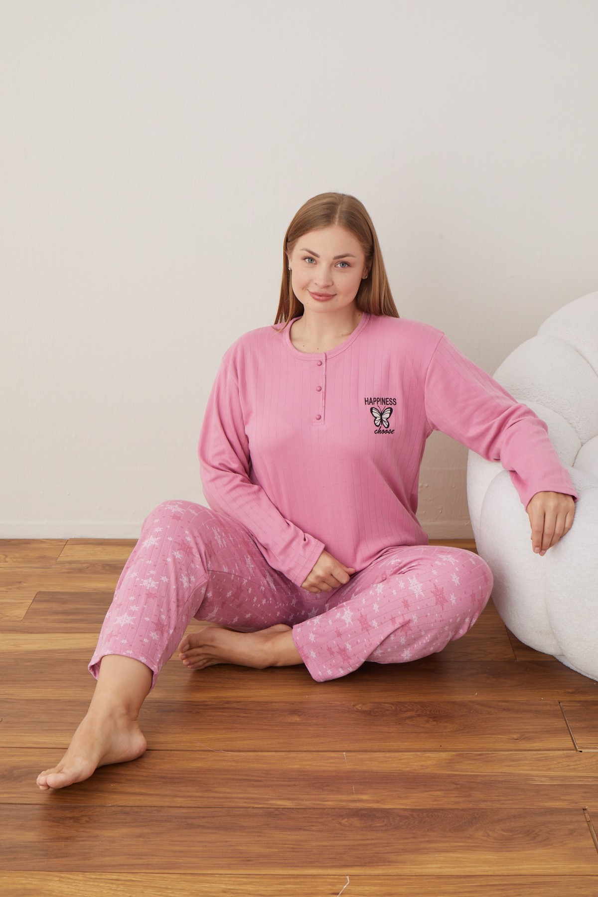 Kadın Raporlu İnterlok Kumaş Büyük Beden Düğmeli Pijama Takımı PEMBE-4XL