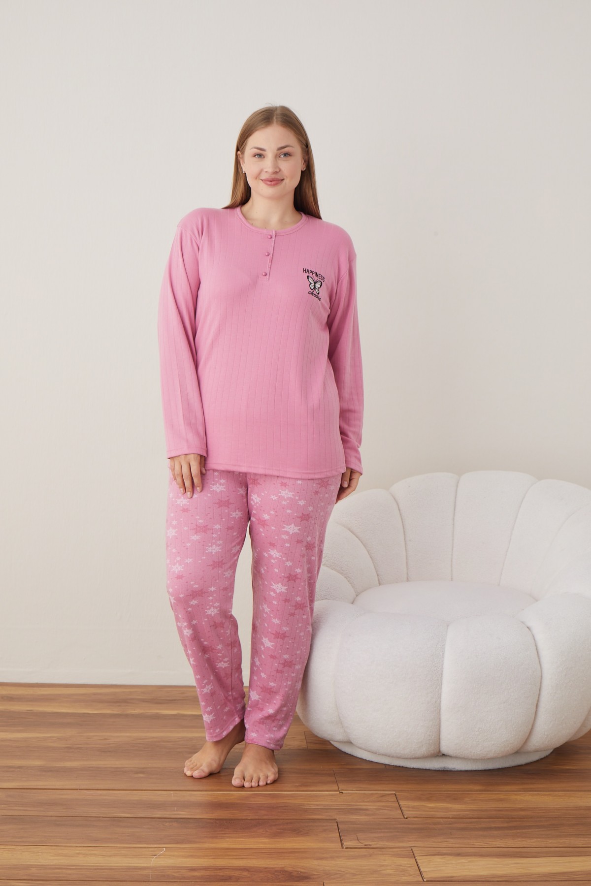 Kadın Raporlu İnterlok Kumaş Büyük Beden Düğmeli Pijama Takımı PEMBE-2XL