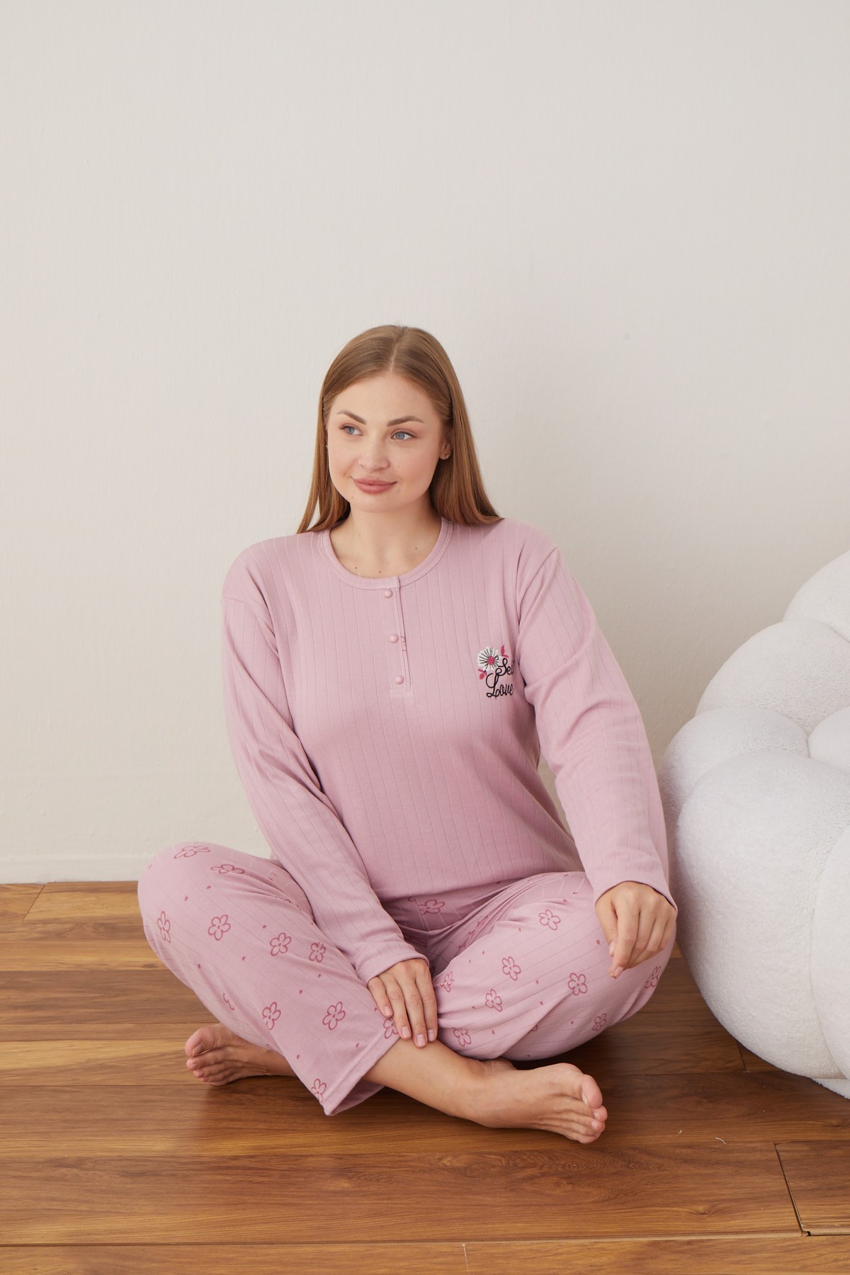Kadın Raporlu İnterlok Kumaş Büyük Beden Düğmeli Pijama Takımı SOMON-2XL