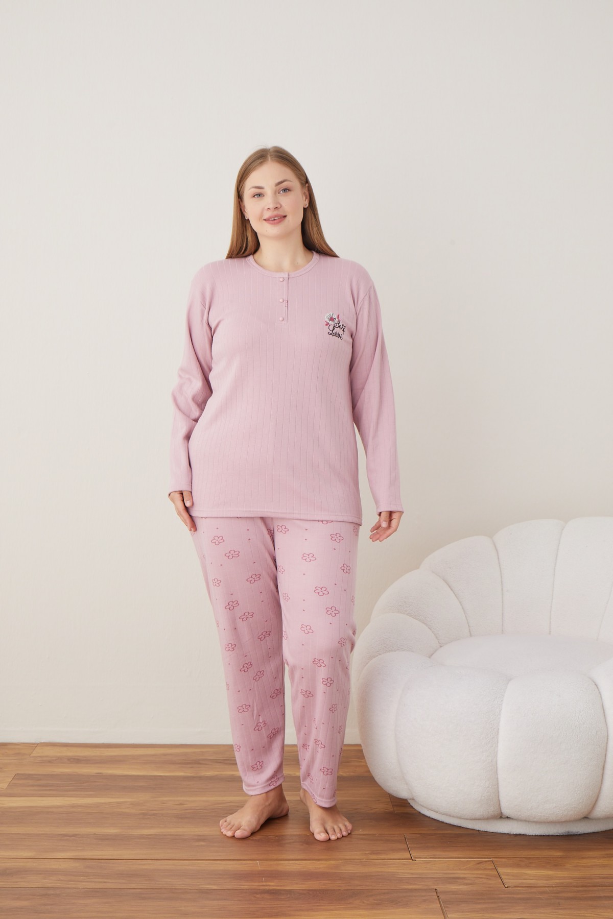Kadın Raporlu İnterlok Kumaş Büyük Beden Düğmeli Pijama Takımı SOMON-2XL