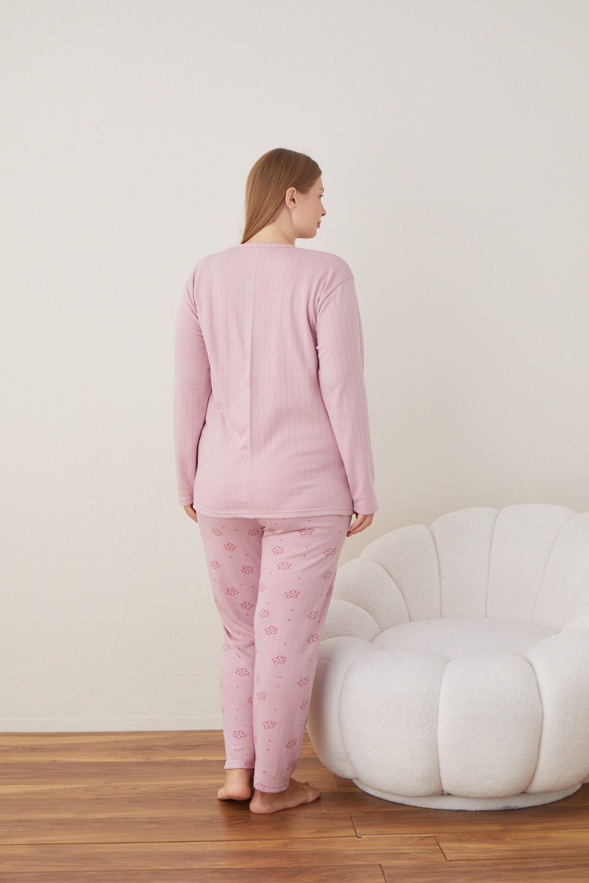 Kadın Raporlu İnterlok Kumaş Büyük Beden Düğmeli Pijama Takımı SOMON-2XL