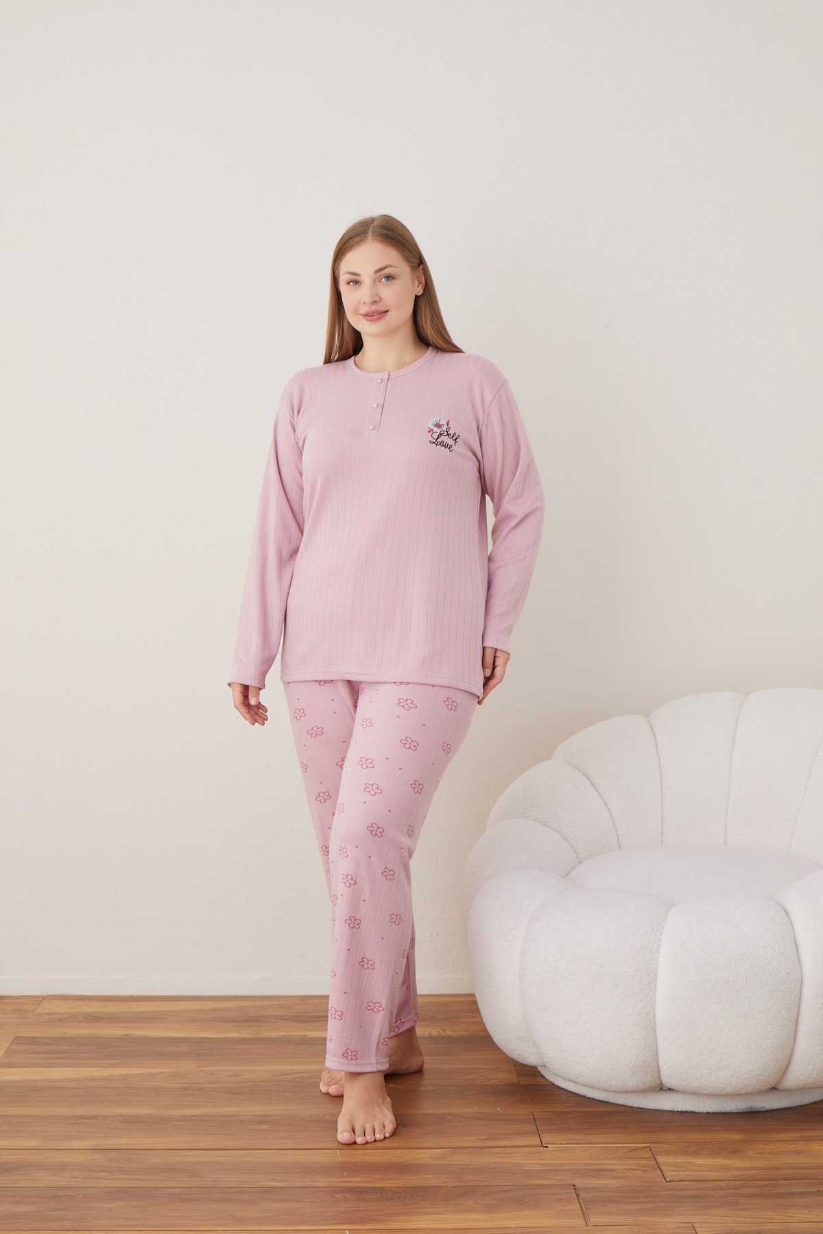 Kadın Raporlu İnterlok Kumaş Büyük Beden Düğmeli Pijama Takımı SOMON-2XL