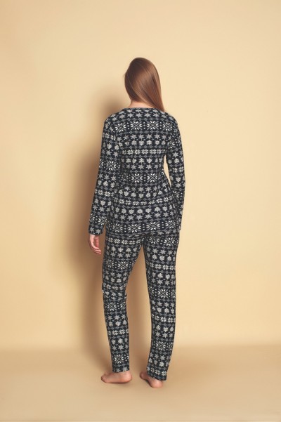 Kadın Sıfır Yaka Baskılı Süet Yumuşak Kumaş Uzun Kollu Pijama Takımı LACİVERT-2XL