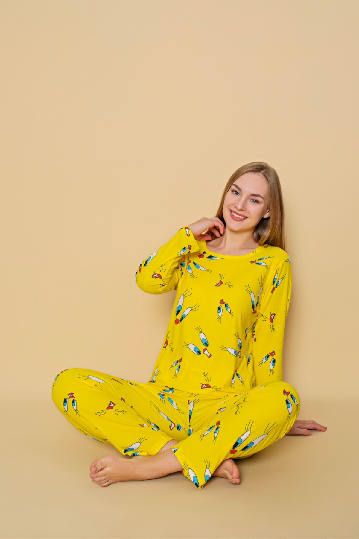Kadın Sıfır Yaka Baskılı Süet Yumuşak Kumaş Uzun Kollu Pijama Takımı SARI-M