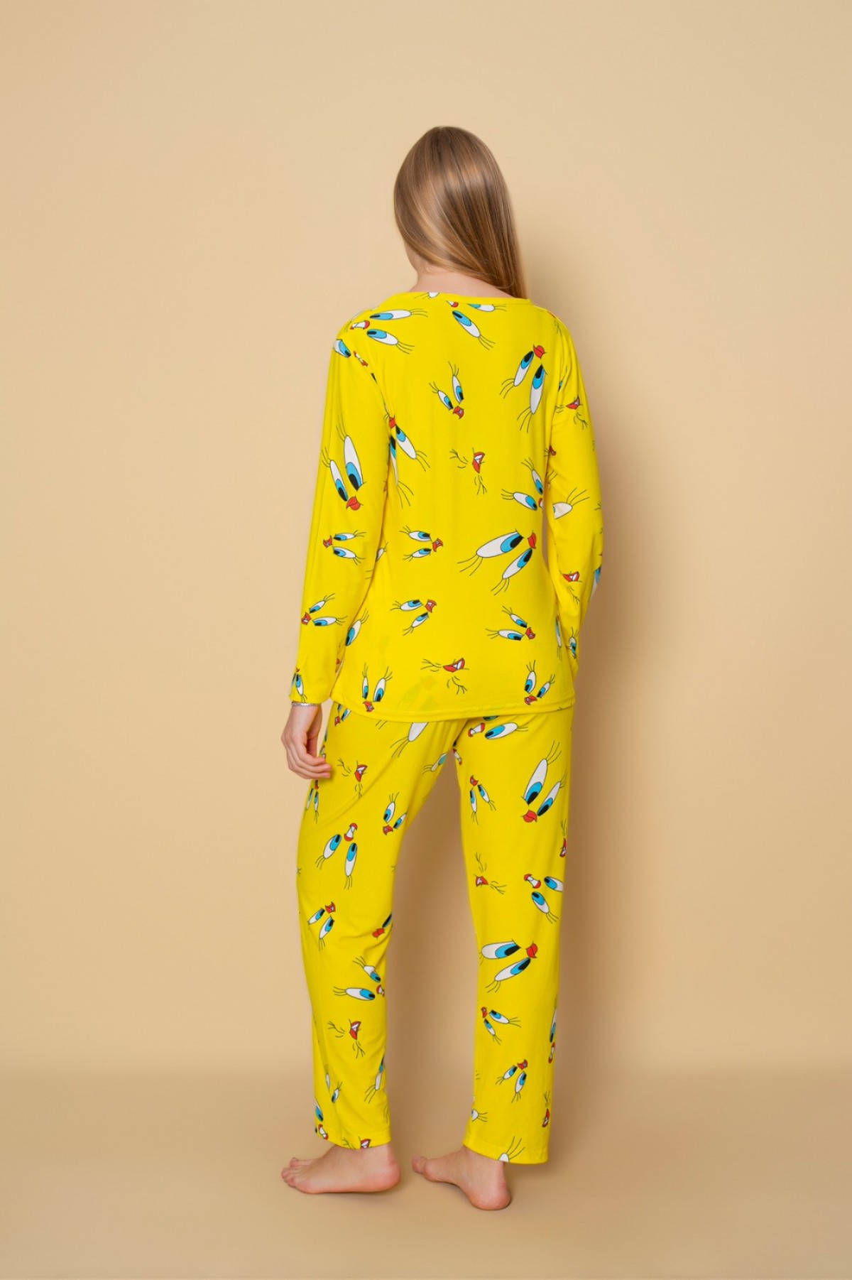 Kadın Sıfır Yaka Baskılı Süet Yumuşak Kumaş Uzun Kollu Pijama Takımı SARI-M