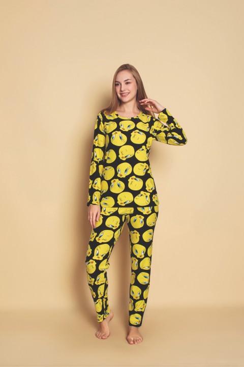 Kadın Sıfır Yaka Baskılı Süet Yumuşak Kumaş Uzun Kollu Pijama Takımı SİYAH-2XL