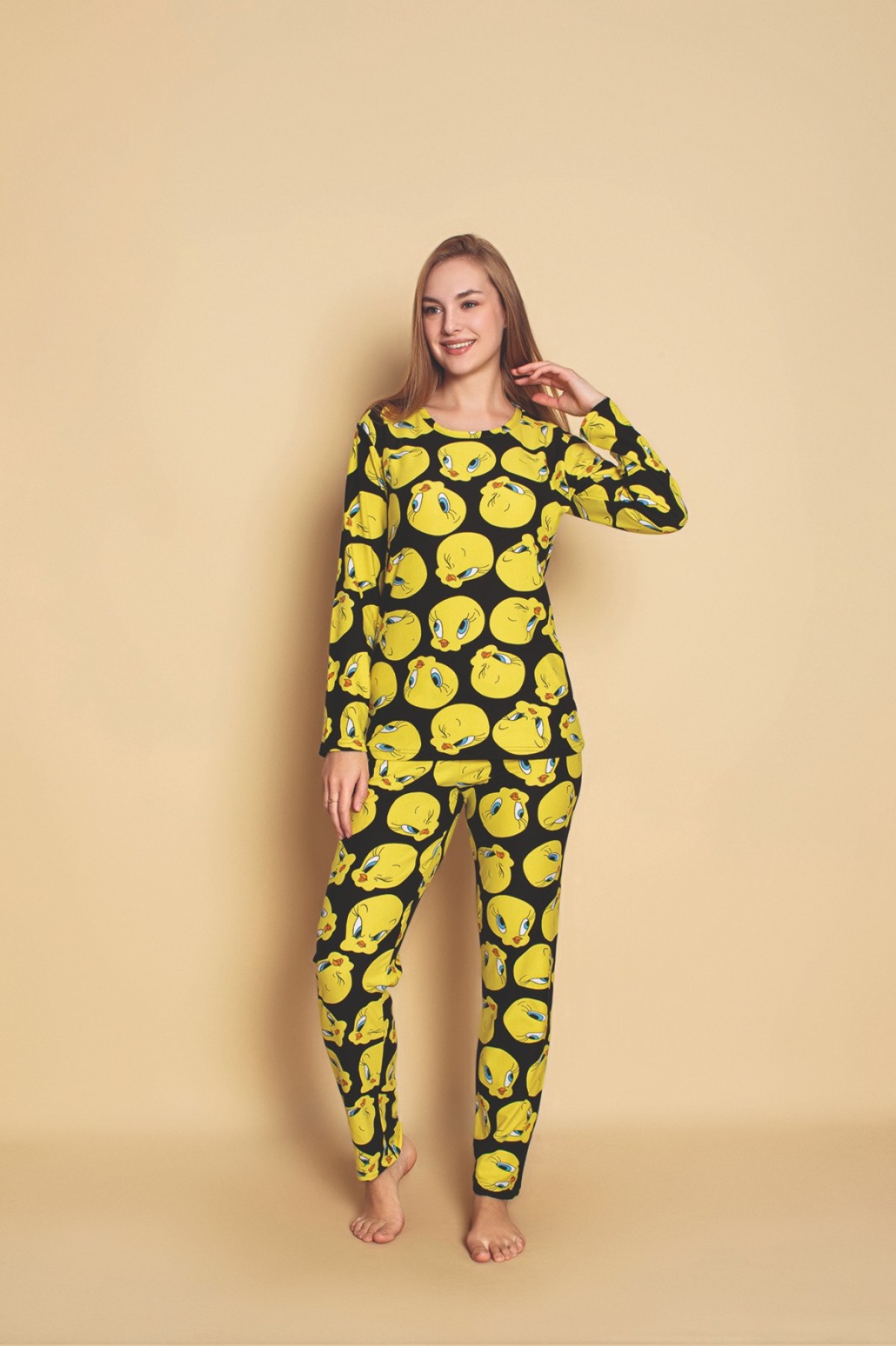 Kadın Sıfır Yaka Baskılı Süet Yumuşak Kumaş Uzun Kollu Pijama Takımı