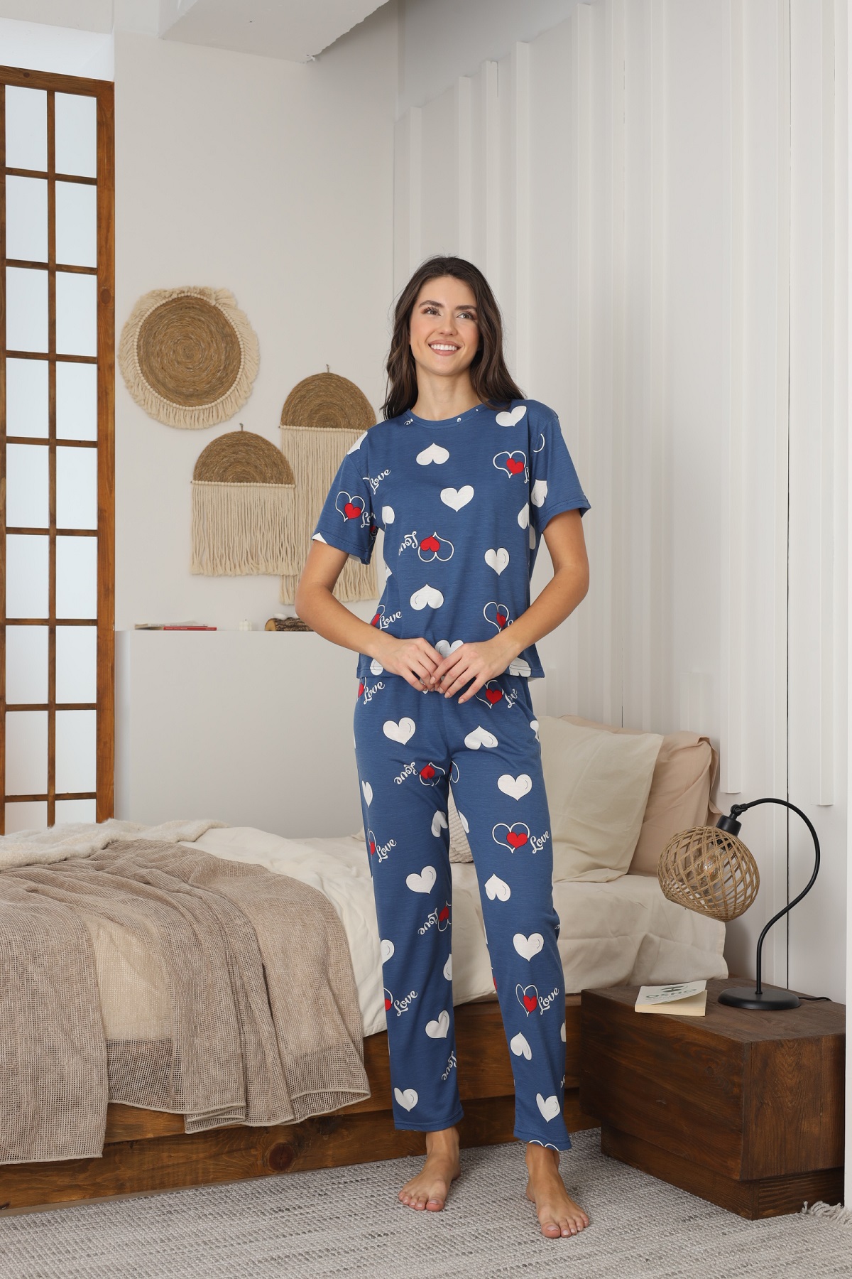 Kadın Yazlık Kısa Kol Penye Süprem Kumaş Pijama Takımı MAVİ-XL