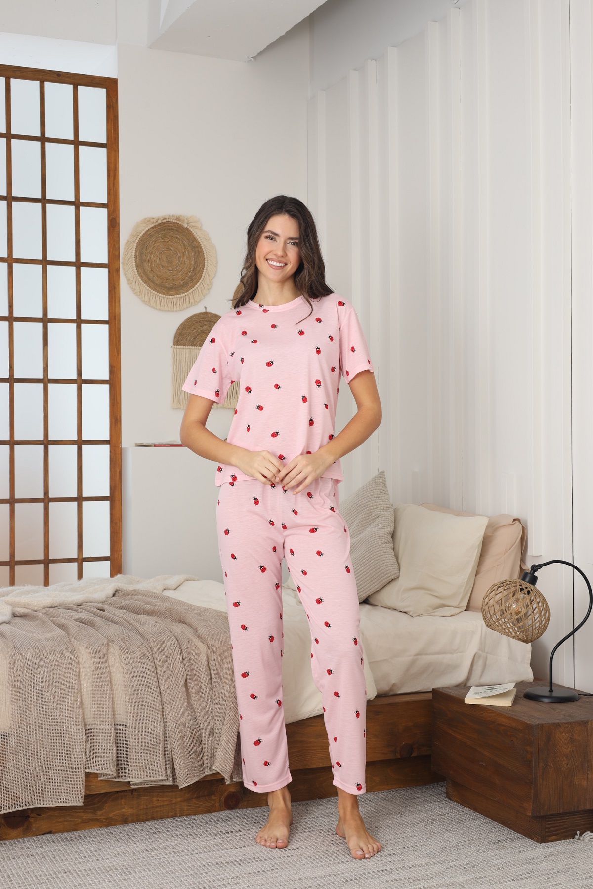 Kadın Yazlık Kısa Kol Penye Süprem Kumaş Pijama Takımı PEMBE-L