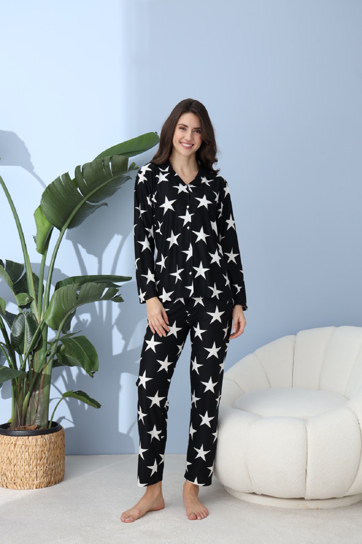 Önden Düğmeli Gömlek Model Kadın Pijama Takımı Süet Kumaş SİYAH-2XL