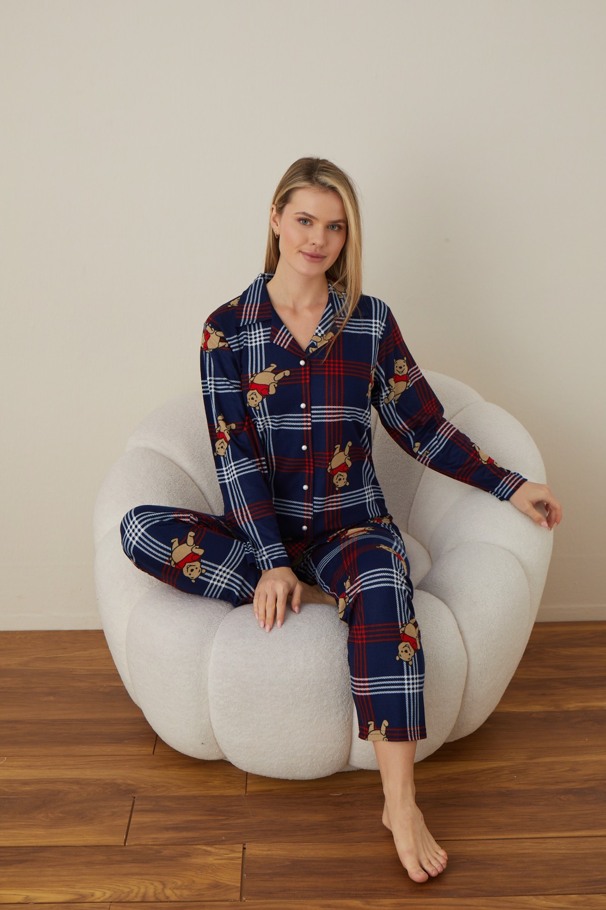 Önden Düğmeli Kadın Pijama Takımı Süet Kumaş LACİVERT-L