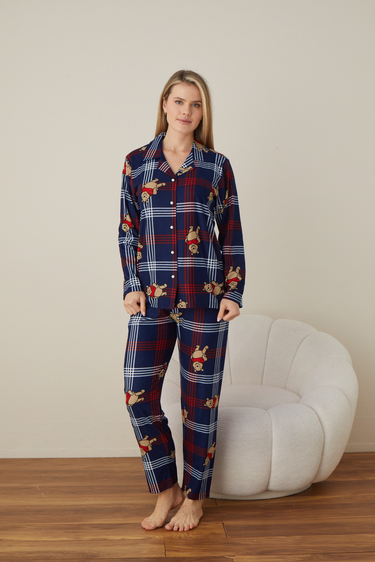 Önden Düğmeli Kadın Pijama Takımı Süet Kumaş LACİVERT-S/M