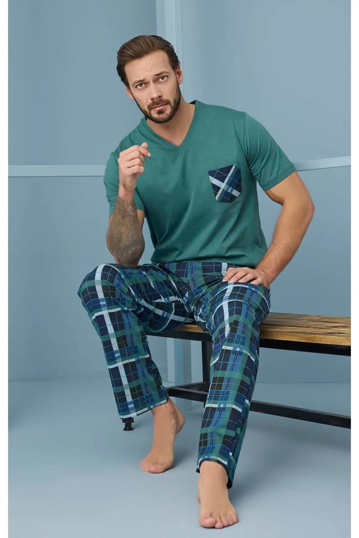 Pamuk Erkek V Yaka Yazlık Penye Pijama Takım Yeşil-S Pamuk Erkek V Yaka Yazlık Penye Pijama Takım Yeşil-S