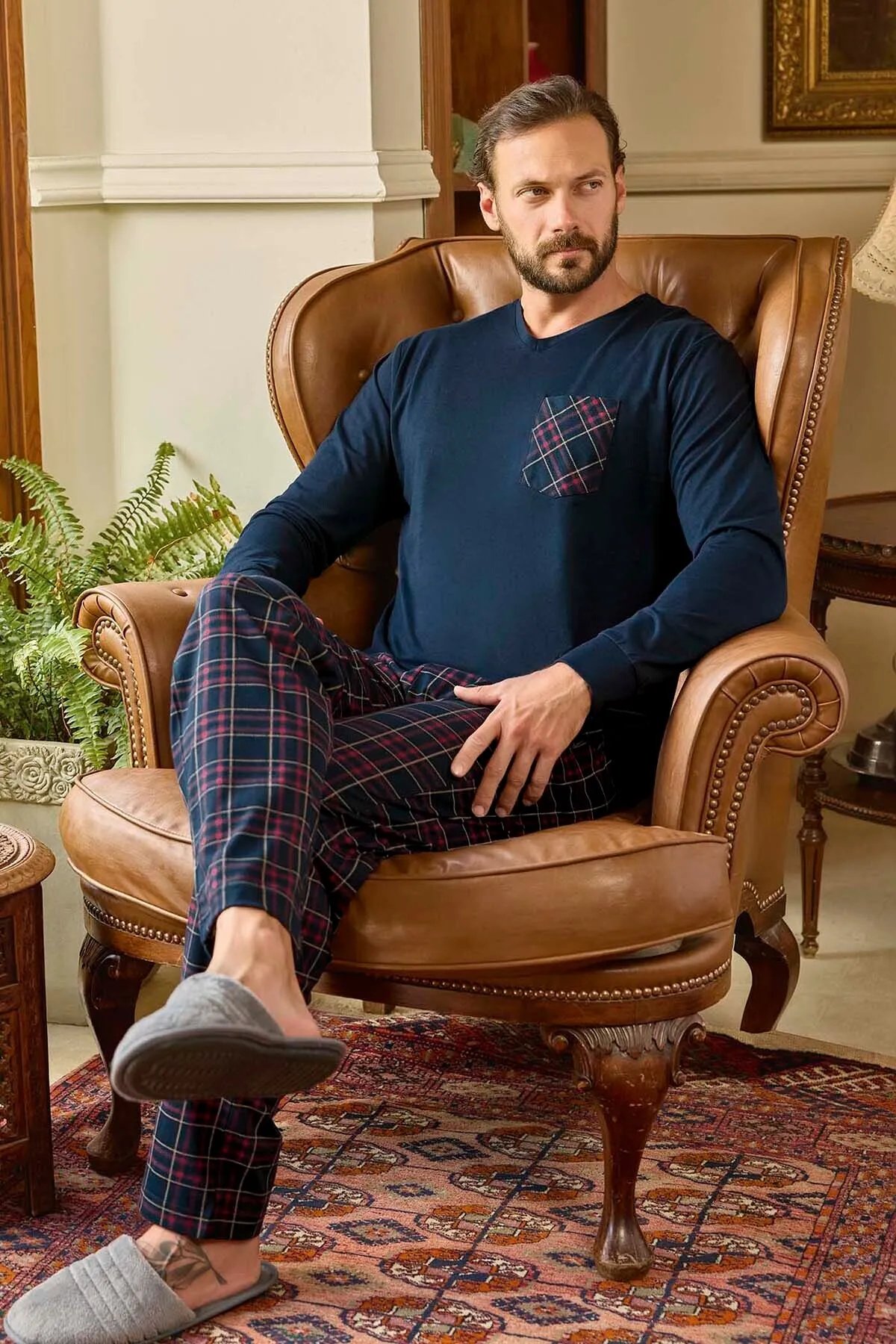 Aydoğan Erkek pijama takımı Pamuklu Penye Süprem Uzun Kollu Altı Ekoseli Pijama Takımı LACİVERT-XL