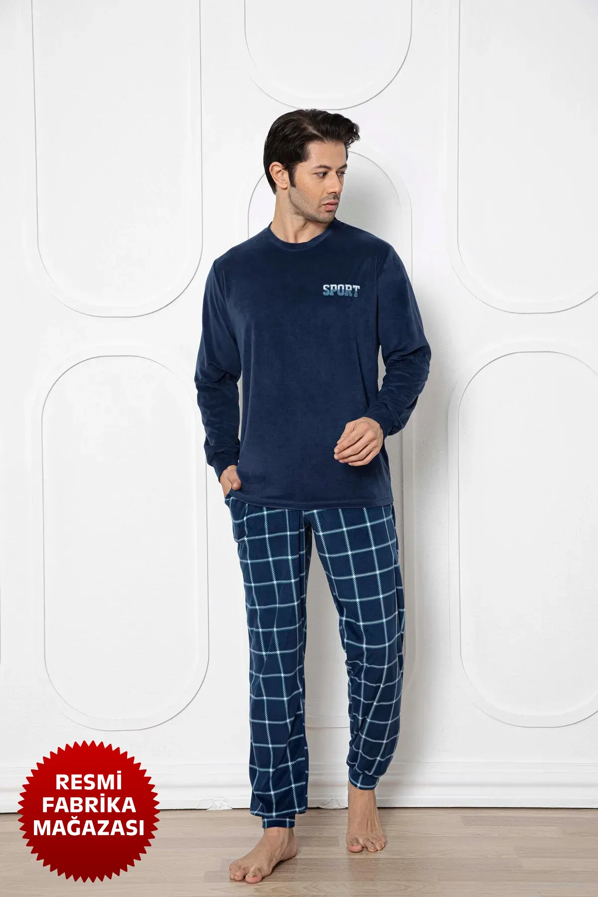 Aydoğan Lacivert Erkek Kadife Kışlık Pijama Takımı Bisiklet Yaka Uzun Kol LACİVERT-M