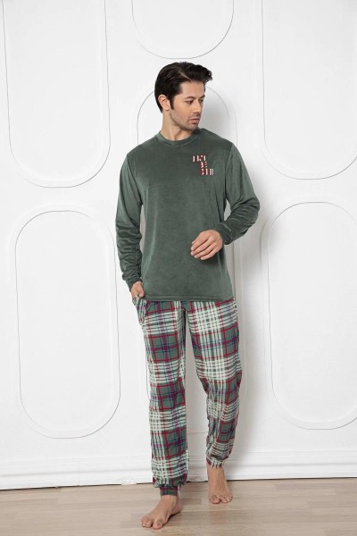 Aydoğan Yeşil Erkek Kadife Kışlık Pijama Takımı Bisiklet Yaka Uzun Kol YEŞİL-3106-M