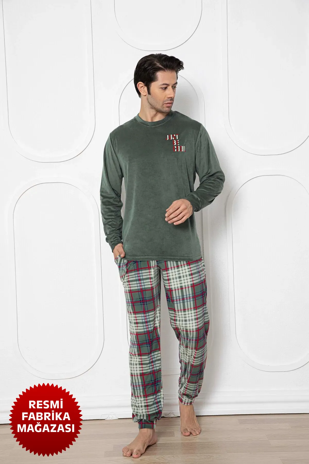 Aydoğan Yeşil Erkek Kadife Kışlık Pijama Takımı Bisiklet Yaka Uzun Kol Yeşil-XL