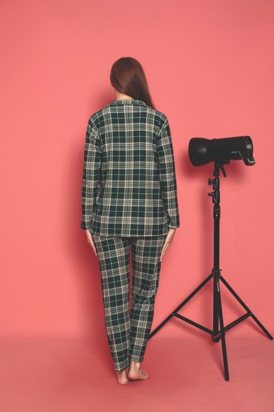 Ekose Önden Düğmeli Kadın Pijama Takımı Süet Kumaş HAKİ-L