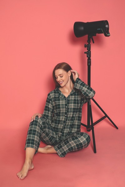 Ekose Önden Düğmeli Kadın Pijama Takımı Süet Kumaş HAKİ-XL