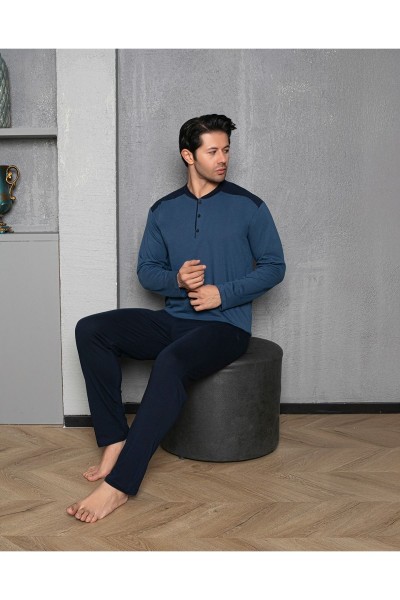 Erkek 4 Mevsim Erkek Pijama Takımı Düğmeli Yaka İNDİGO-M