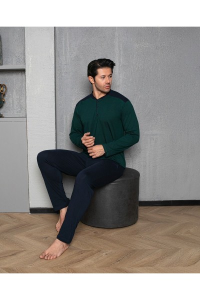 Erkek 4 Mevsim Erkek Pijama Takımı Düğmeli Yaka Koyu Yeşil-M