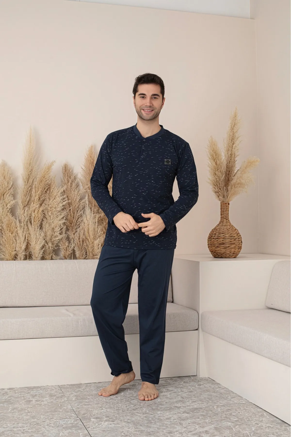 Erkek 4 Mevsim Erkek Pijama Takımı Düğmeli Yaka LACİVERT-M