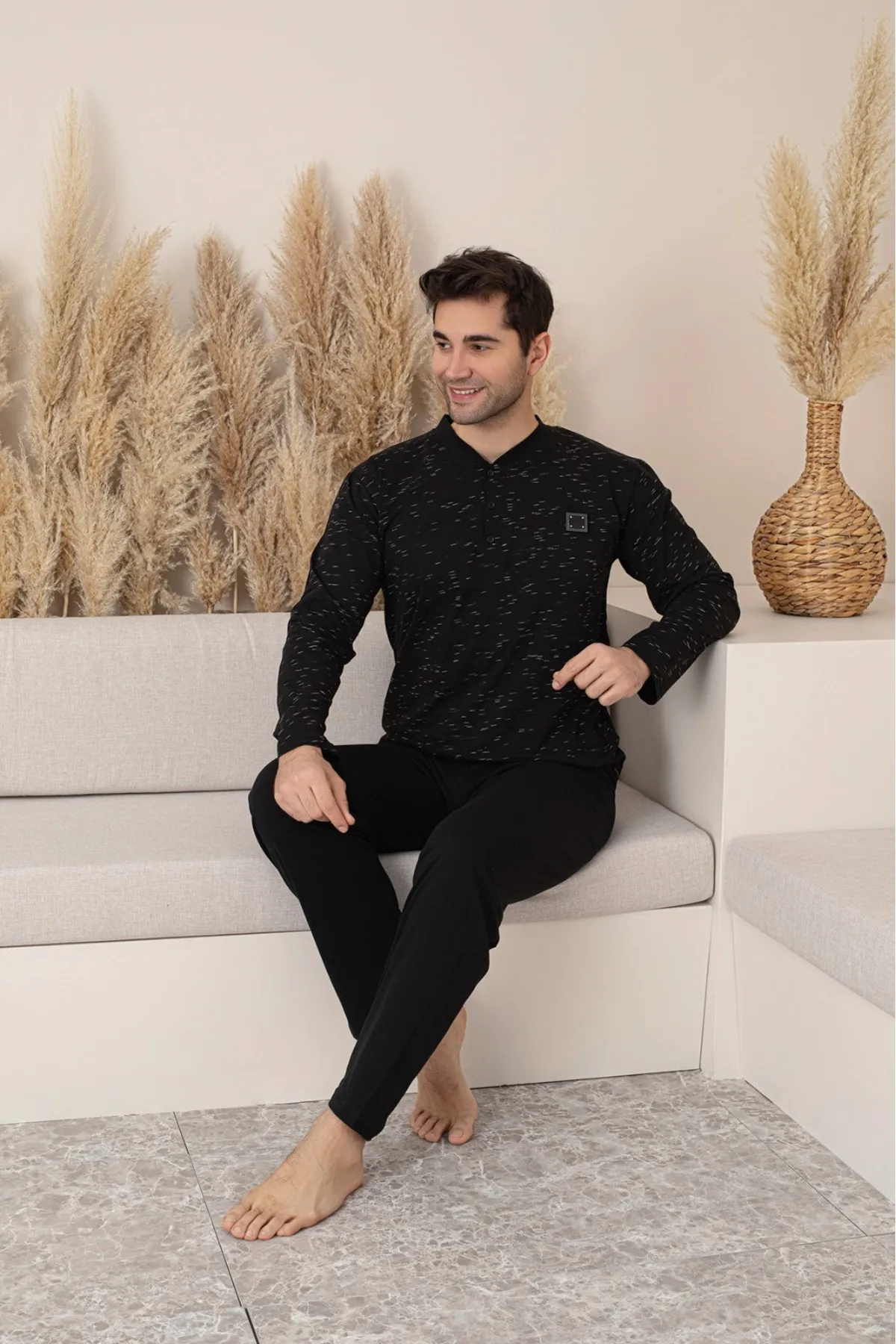 Erkek 4 Mevsim Erkek Pijama Takımı Düğmeli Yaka SİYAH-M