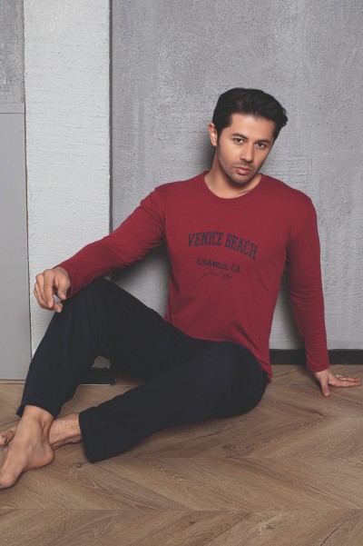 Erkek Coton Pamuk Uzun Kol Pijama Takımı Mevsimlik Ürün BORDO-SİYAH-XL