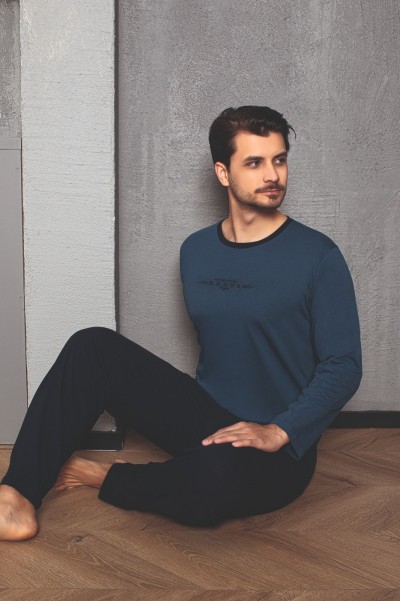 Erkek Cotton Bisiklet Yaka Önü Baskılı Pijama Takımı İNDİGO-M