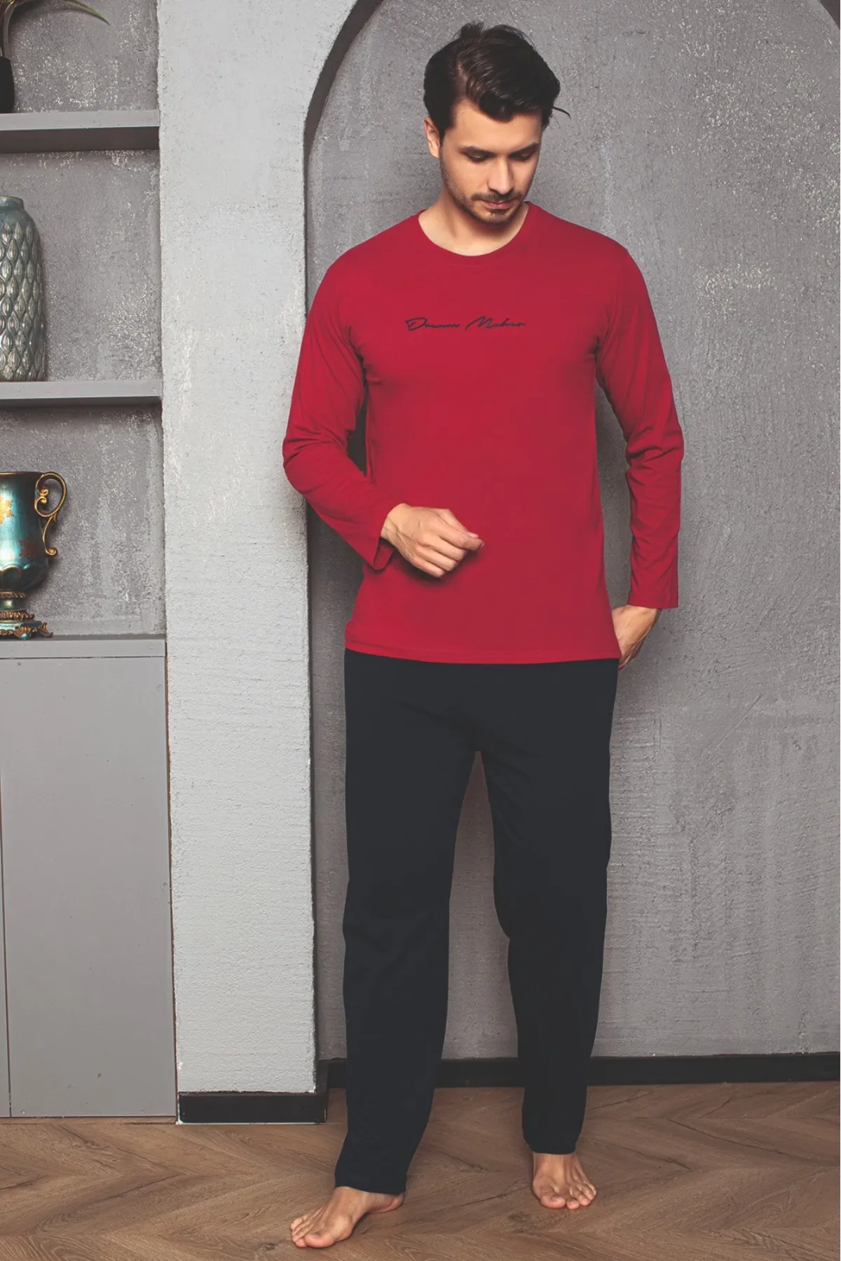 Erkek Cotton Bisiklet Yaka Önü Baskılı Pijama Takımı KIRMIZI-M
