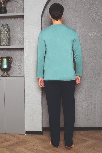 Erkek Cotton Bisiklet Yaka Önü Baskılı Pijama Takımı TURKUAZ-2XL