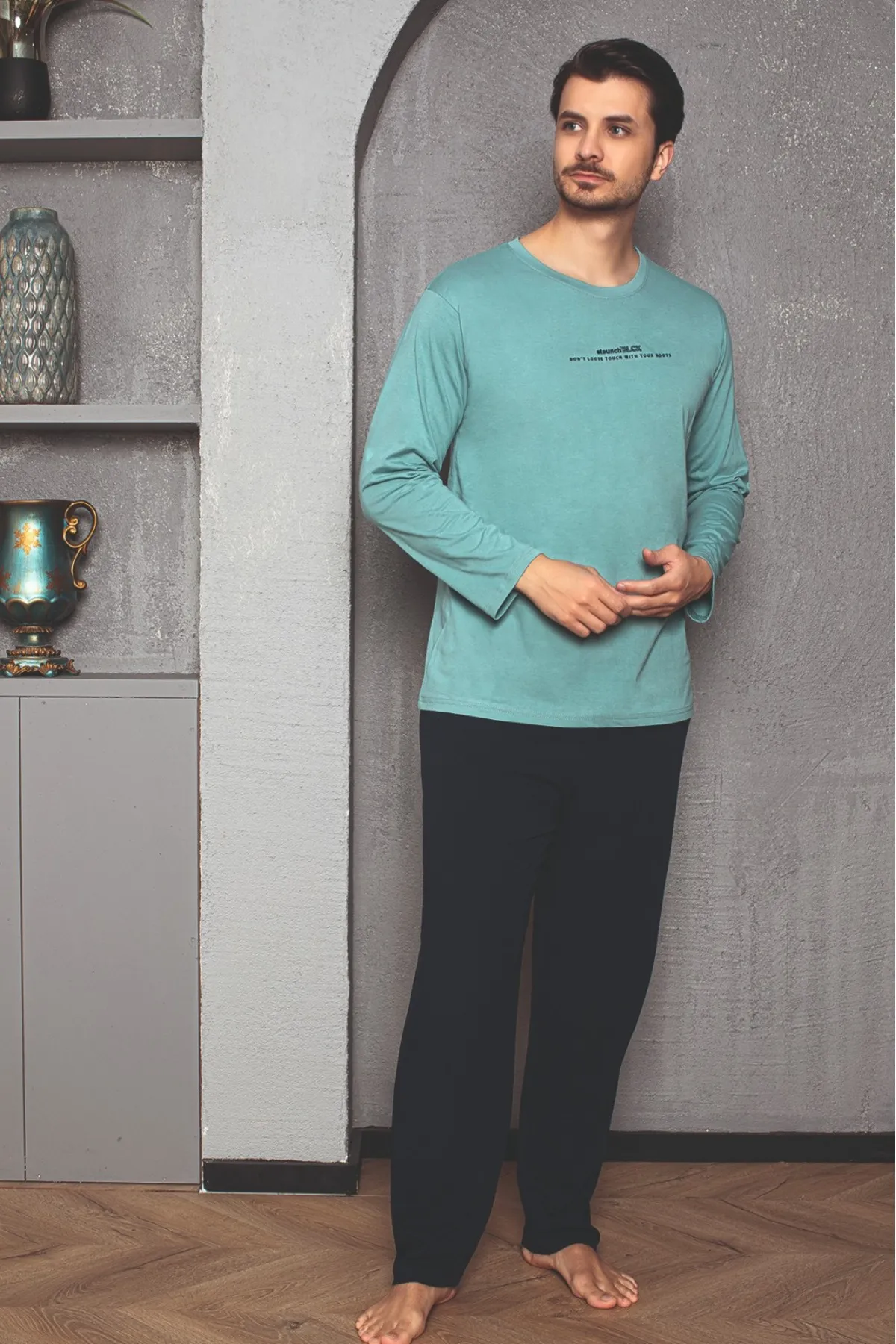 Erkek Cotton Bisiklet Yaka Önü Baskılı Pijama Takımı TURKUAZ-M
