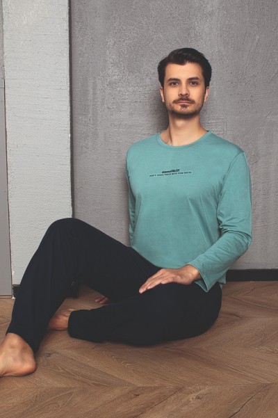 Erkek Cotton Bisiklet Yaka Önü Baskılı Pijama Takımı TURKUAZ-M