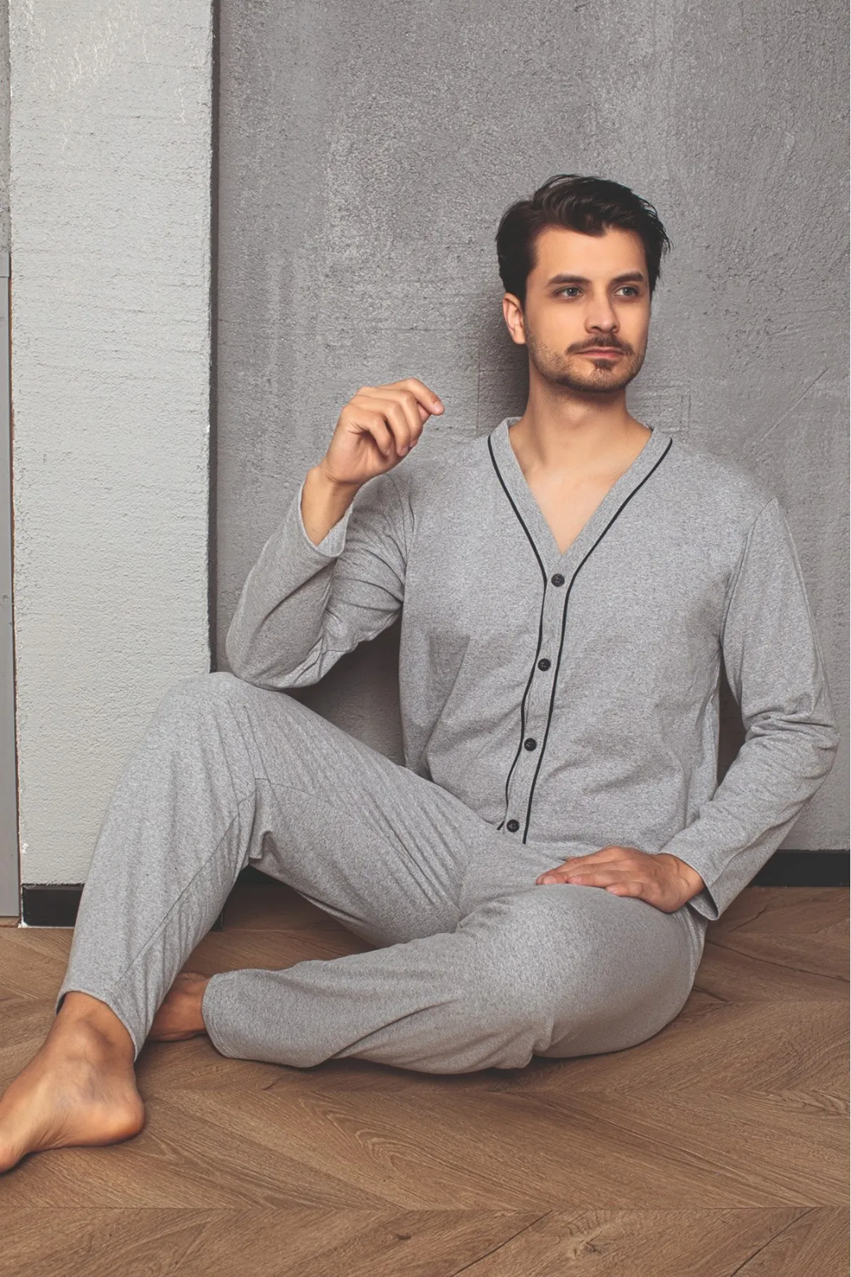 Erkek Gri Melanj Uzun Kollu Önden Düğmeli Süprem Kumaş Örme Pijama Takımı GRİ MELAJ-M