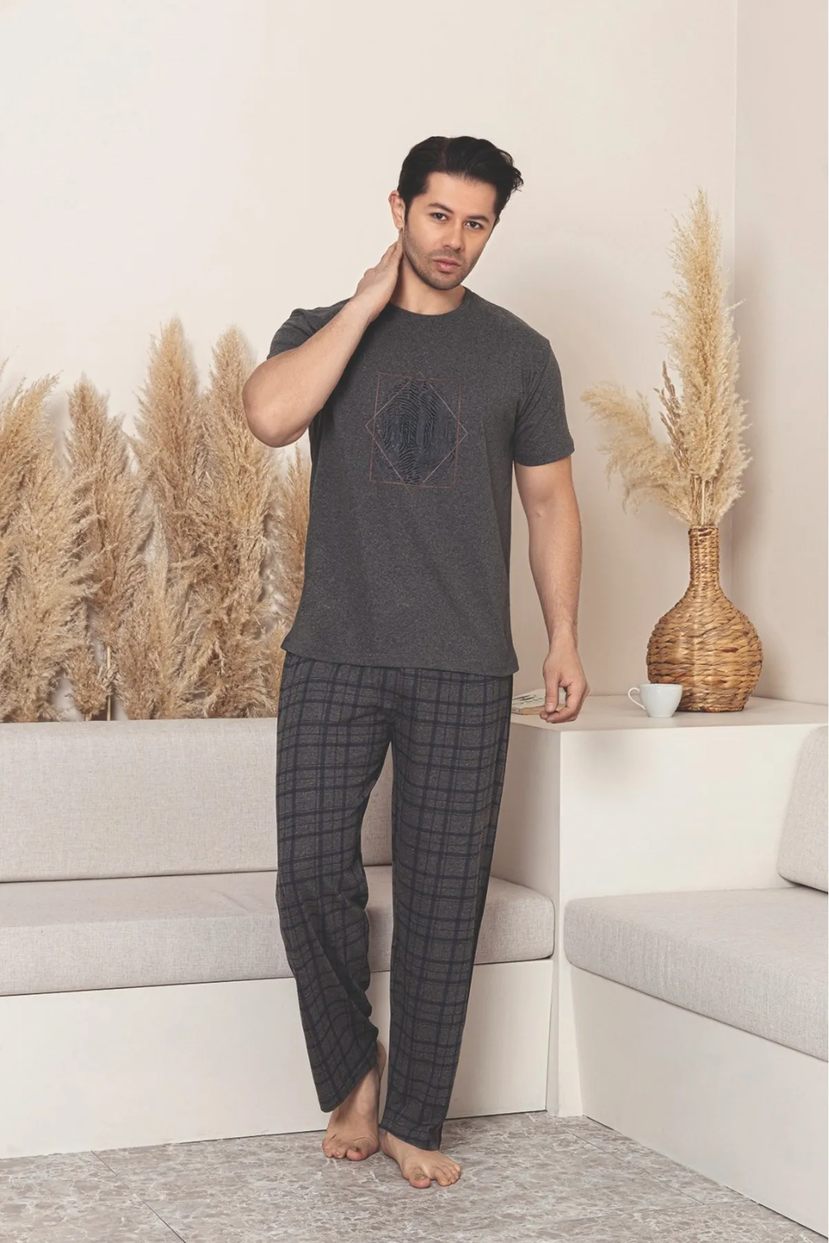 Erkek Kısa Kollu Yazlık Pijama Takımı YENİ SEZON Füme-M