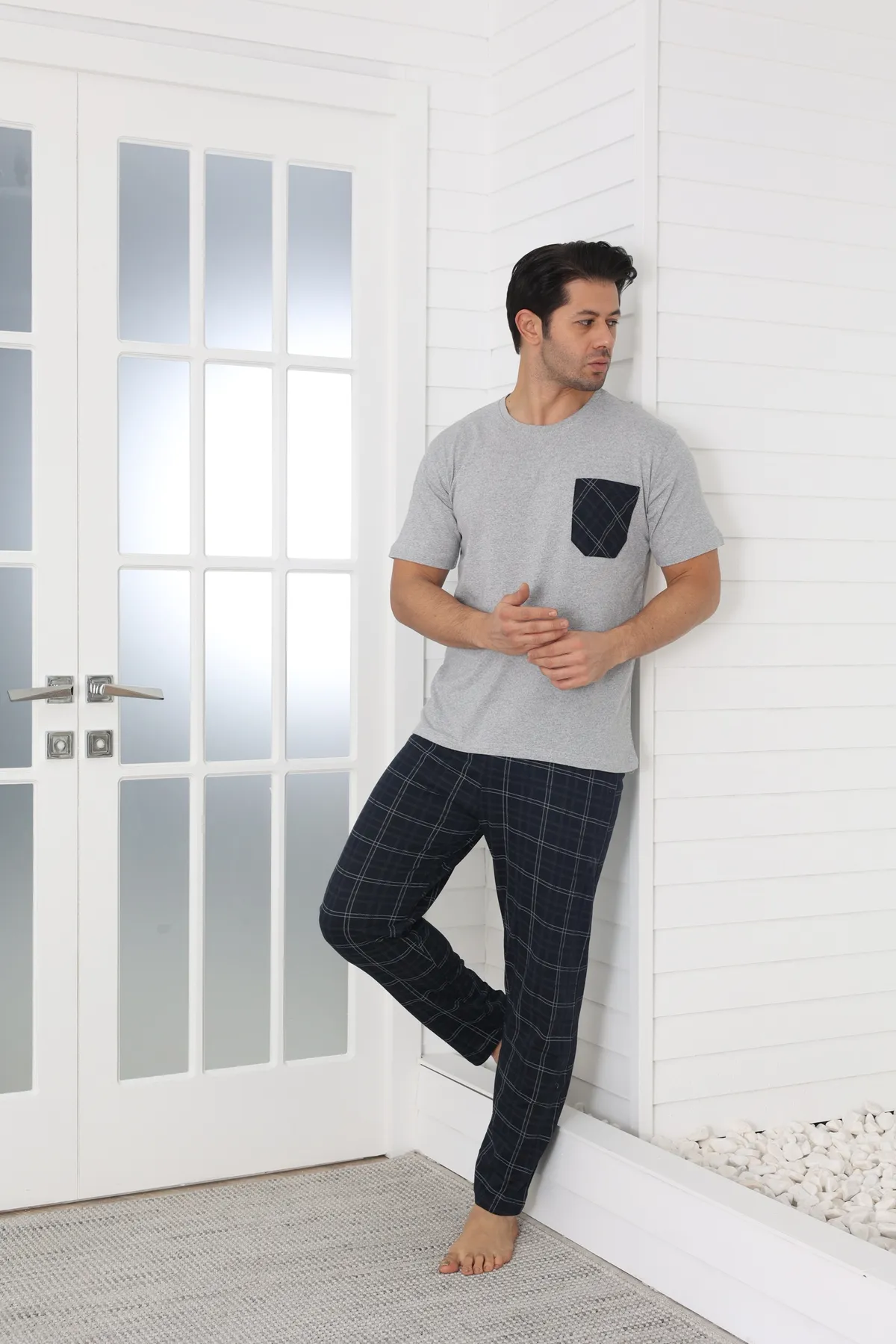 Erkek Kısa Kollu Yazlık Pijama Takımı YENİ SEZON GRİ-M