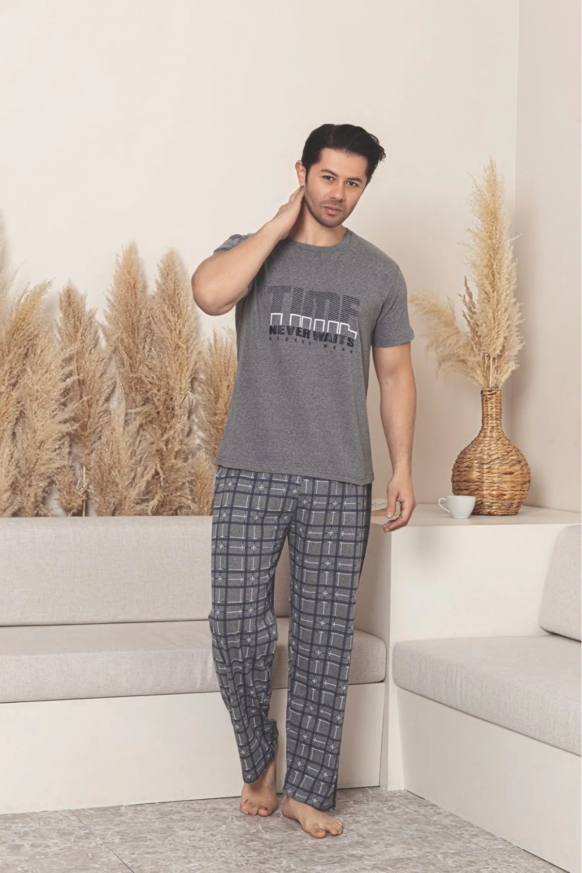 Erkek Kısa Kollu Yazlık Pijama Takımı YENİ SEZON GRİ-M