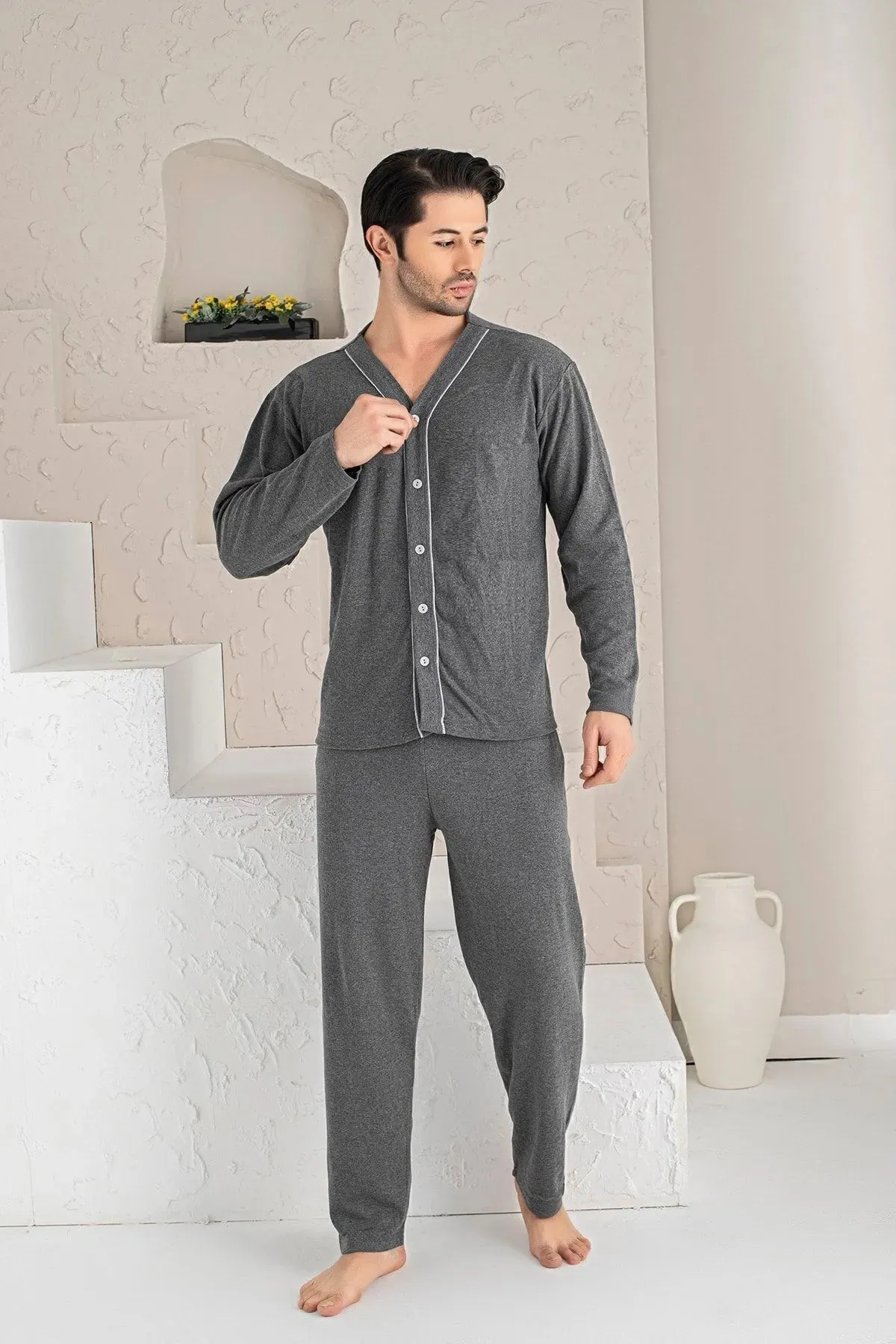 Erkek Mavi Melanj Uzun Kollu Önden Düğmeli Süprem Kumaş Örme Pijama Takımı Füme-M
