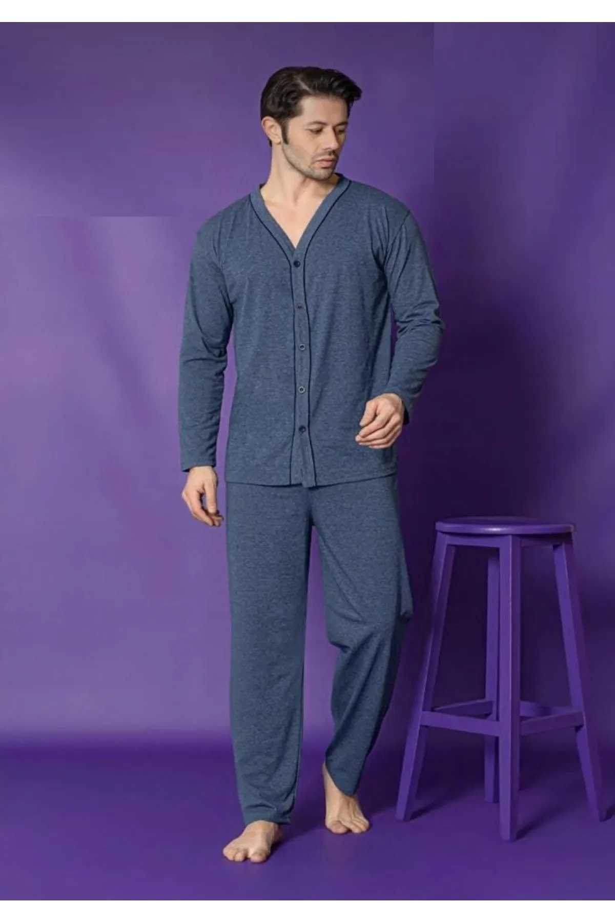 Erkek Mavi Melanj Uzun Kollu Önden Düğmeli Süprem Kumaş Örme Pijama Takımı MAVİ-M