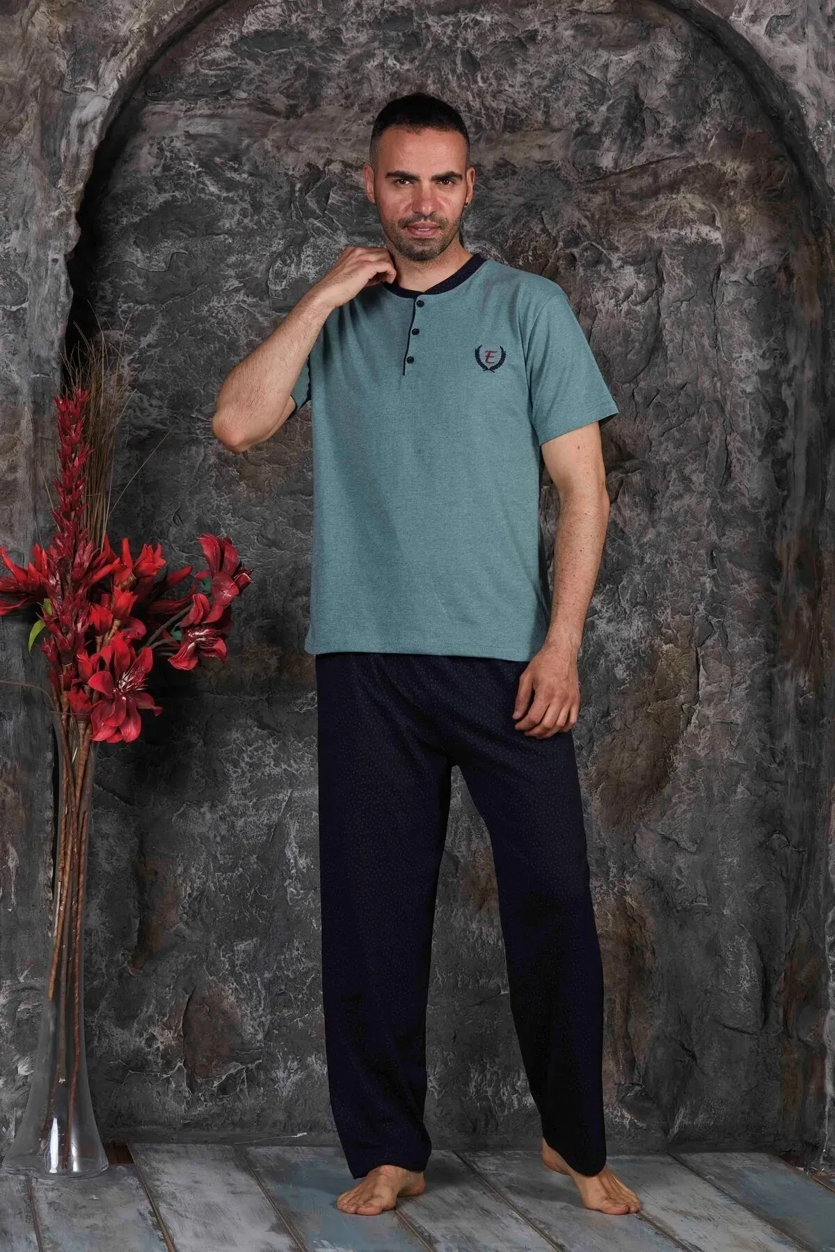 Erkek Parçalı Kısa Kollu Altı Uzun Penye Örme Kumaş Yazlık Pijama Takımı Yeşil-M