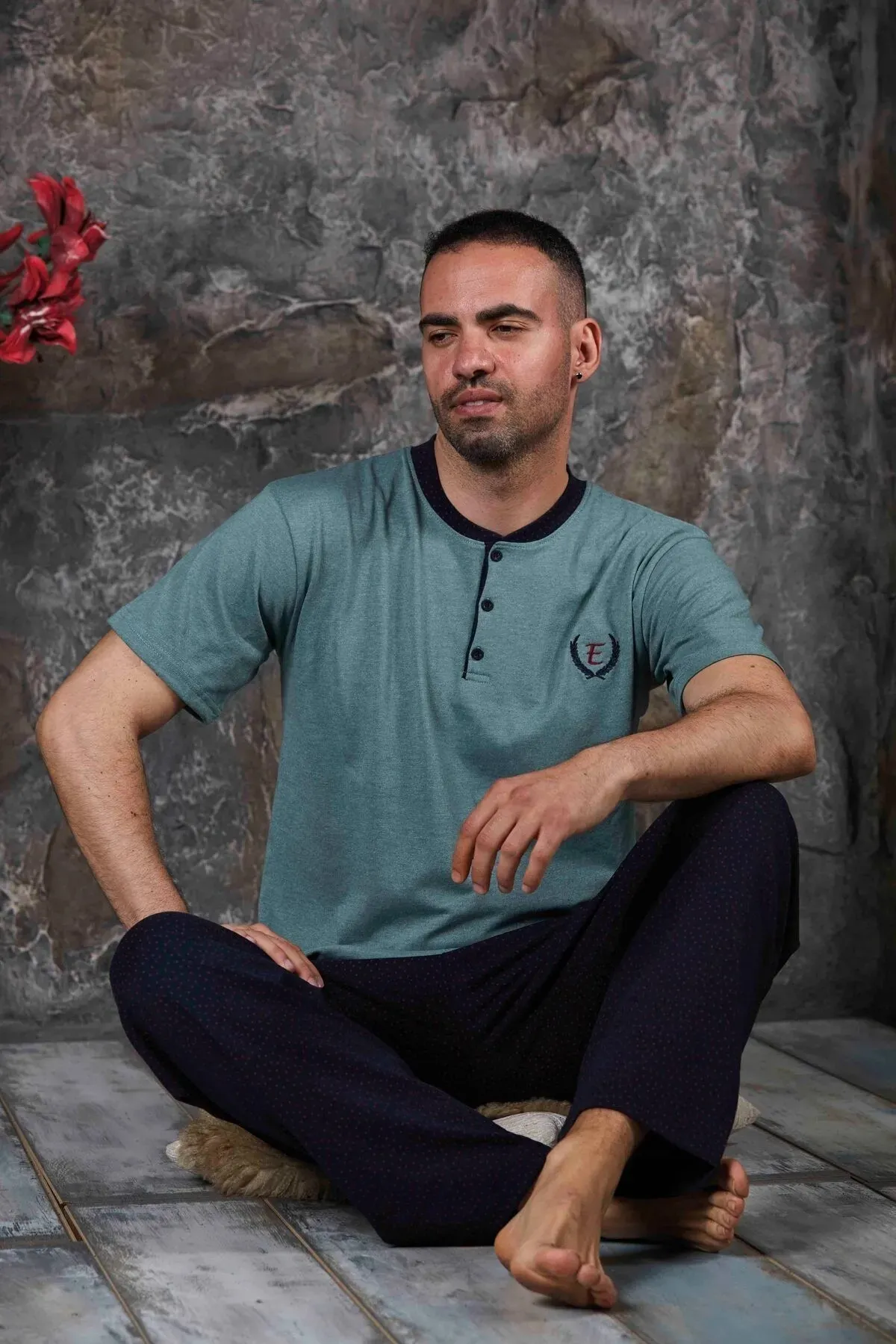 Erkek Parçalı Kısa Kollu Altı Uzun Penye Örme Kumaş Yazlık Pijama Takımı Yeşil-M