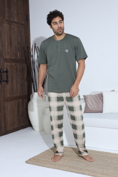 Erkek Penye Süprem Kısa Kol Yazlık Erkek Pijama Takımı HAKİ-M