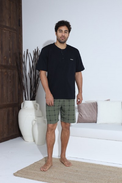 Erkek Penye Süprem Yarım Kol Şortlu Erkek Pijama Takımı HAKİ-M