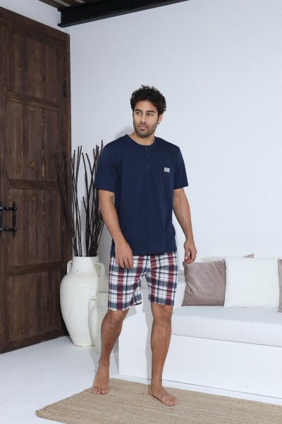 Erkek Penye Süprem Yarım Kol Şortlu Erkek Pijama Takımı LACİVERT-2XL