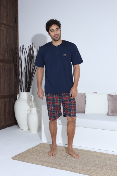Erkek Penye Süprem Yarım Kol Şortlu Erkek Pijama Takımı LACİVERT-L