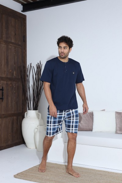 Erkek Penye Süprem Yarım Kol Şortlu Erkek Pijama Takımı LACİVERT-M