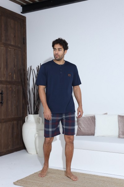Erkek Penye Süprem Yarım Kol Şortlu Erkek Pijama Takımı LACİVERT-M