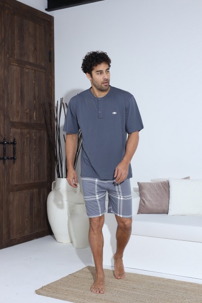 Erkek Penye Süprem Yarım Kol Şortlu Erkek Pijama Takımı MAVİ-M
